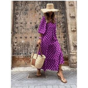 Boho Maxi Dresses V Neck Long Puff Sleeve Smocked Ruffle Flowy Casual Dress